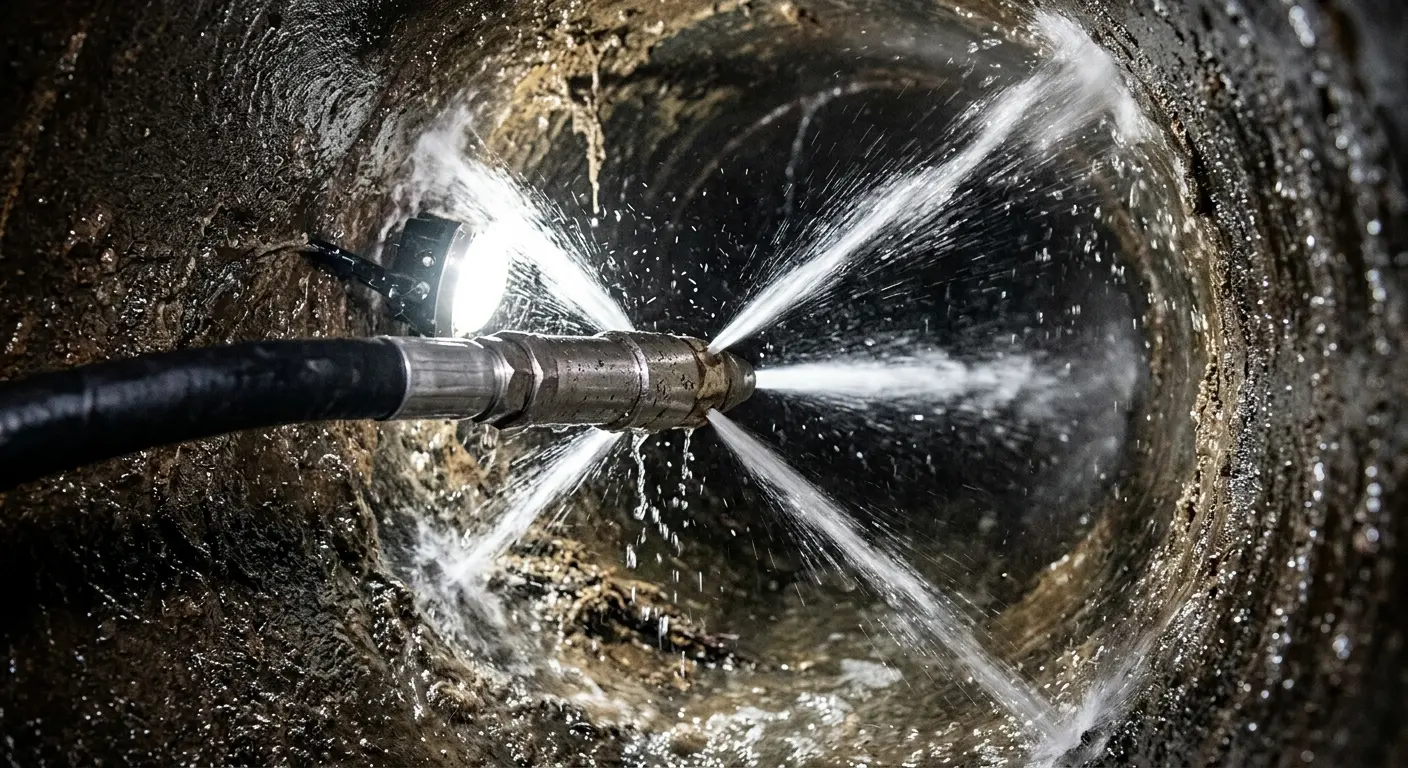 High-pressure hydro jetting nozzle cleaning sewer pipe for Trenchless Sewer Repair in Pasadena Hills