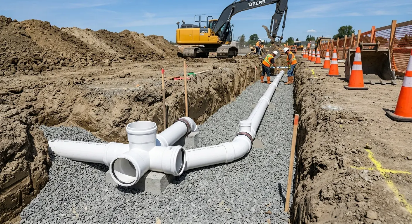 New PVC sewer pipe installation in open trench for Sewer Backup in Pasadena Hills