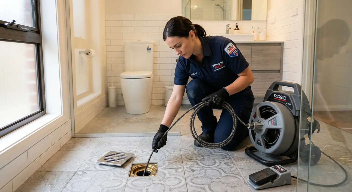 Technician clearing a bathroom floor drain for Hydro Jetting in Pasadena Hills
